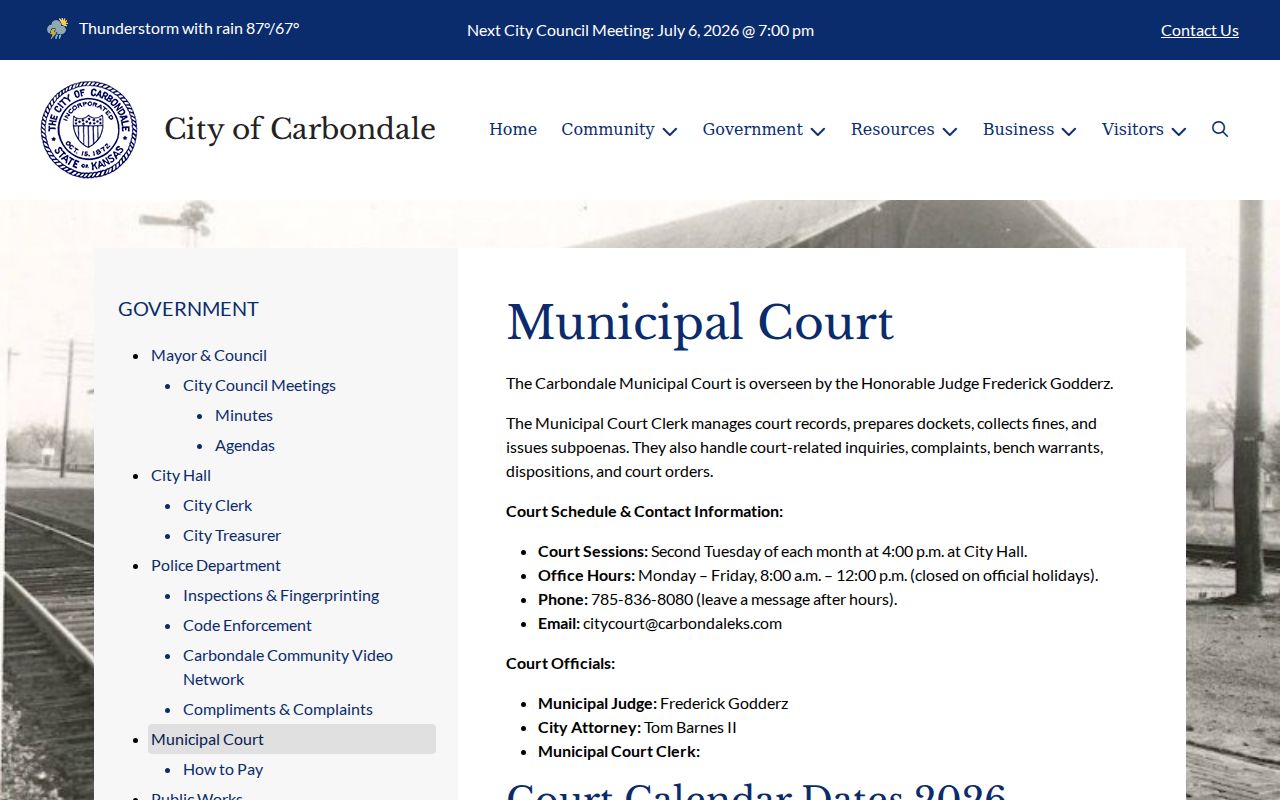 Carbondale municipal court clerk, judge, dates, and record information